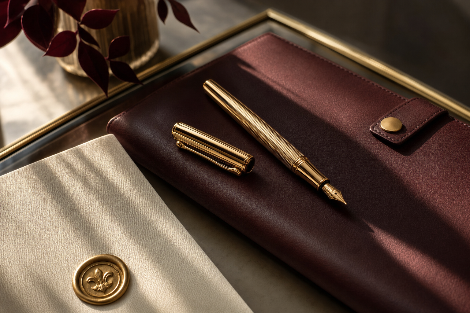 A gold fountain pen resting on a burgundy leather portfolio with a cream document and gold wax seal
